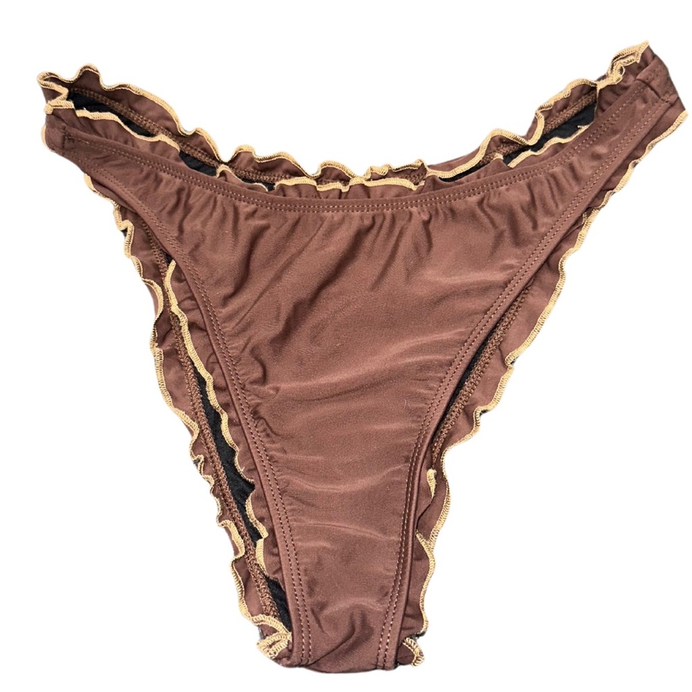 Retro Brown Ruffle High Leg Bikini Bottoms - Picture 3 of 6